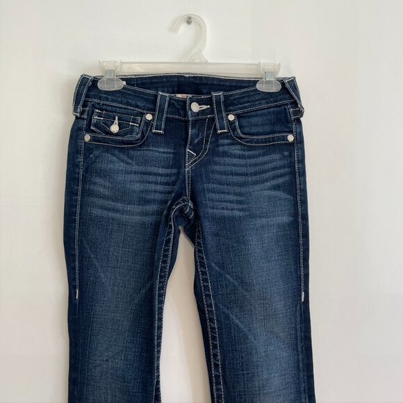 TRUE RELIGION Becky Crystal Dark Wash Swarovski Distressed Low Rise Bootcut Jean - Picture 3 of 13